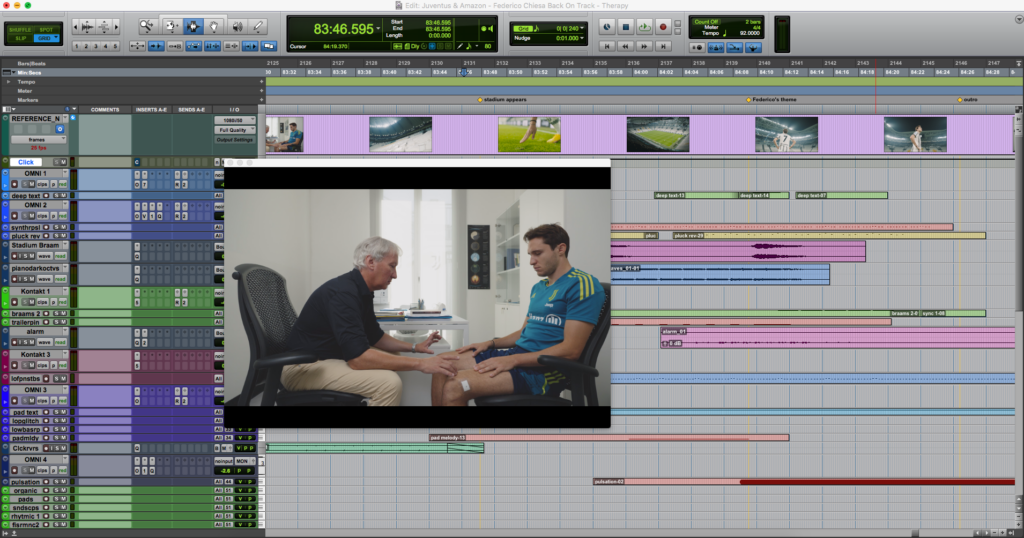 DAW session for Federico Chiesa documentary Back on Track Therapy Scene for Amazon Prime Video and Juventus, music by Valerio Pellegri.